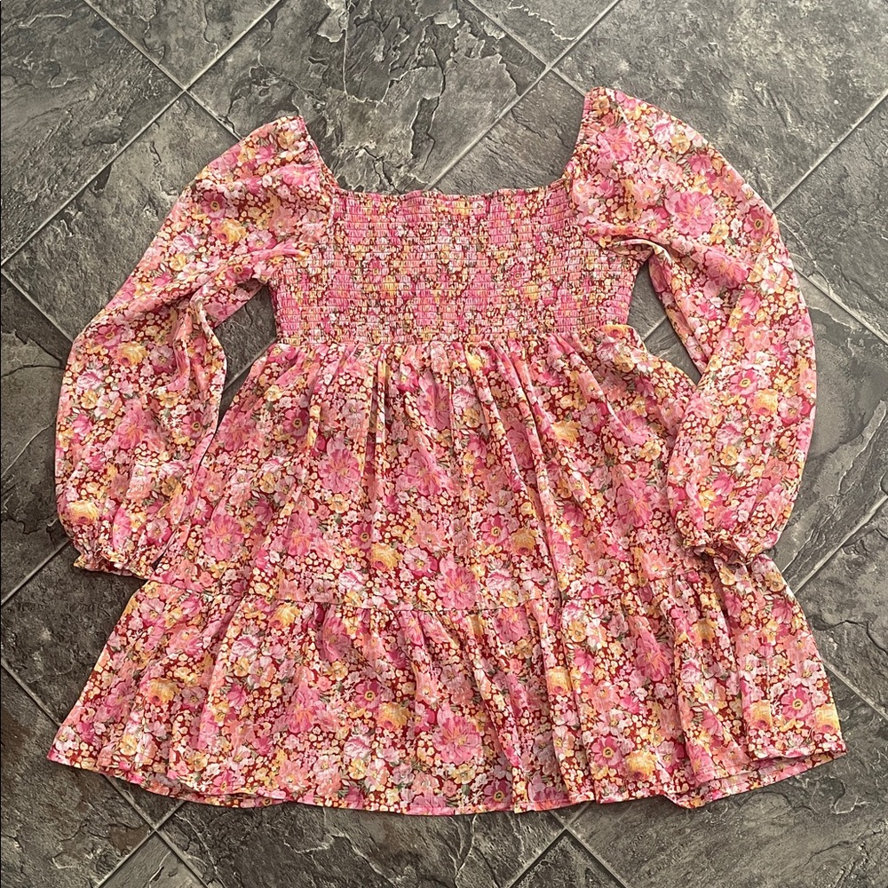 CRYSTAL DOLL Floral Coquette Babydoll Long Sleeve Shirred Pleated A-Line Dress - Picture 7 of 14